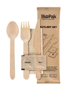 Messer, Gabel, Pfeffer/Salz, braune Serviette 16/16,5/16 cm Natürlich