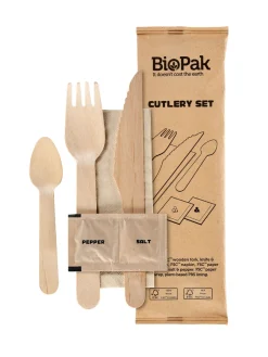 Messer, Gabel, Pfeffer/Salz, braune Serviette 16/16,5/11 cm Natürlich